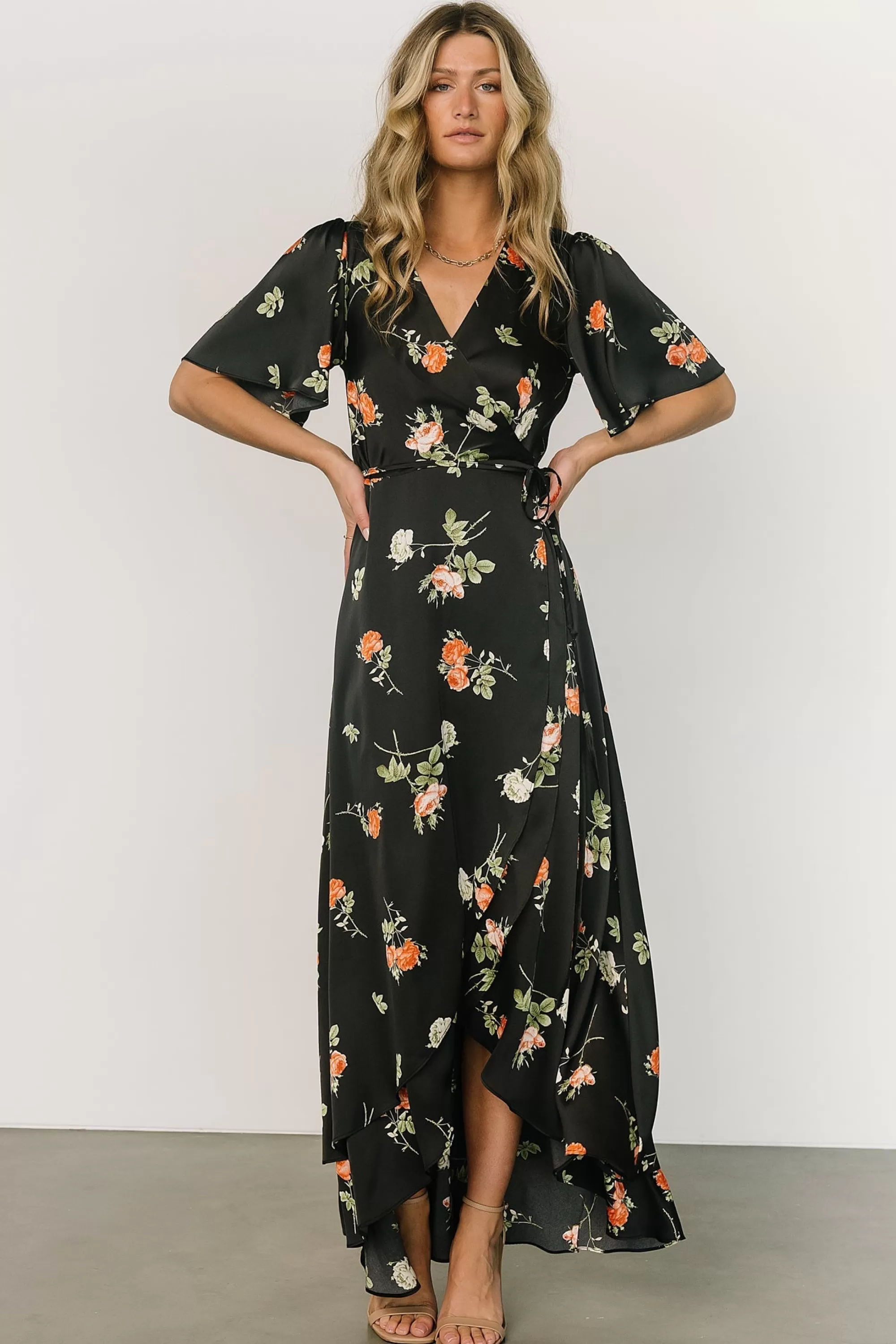 Baltic Born SALE | Amara Wrap Dress | Black + Coral Floral