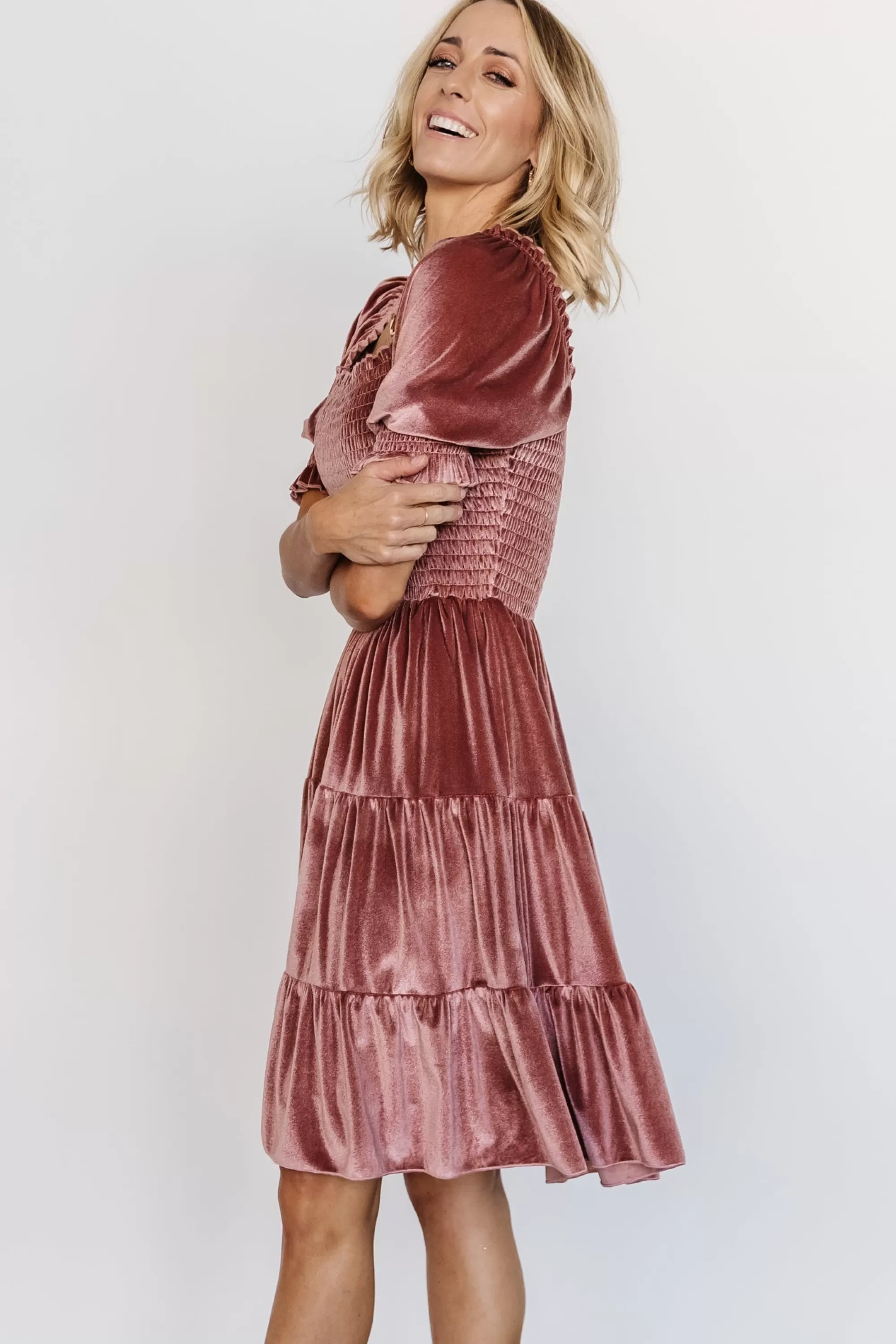 Baltic Born bump friendly | Bliss Smocked Velvet Short Dress | Vintage Rose