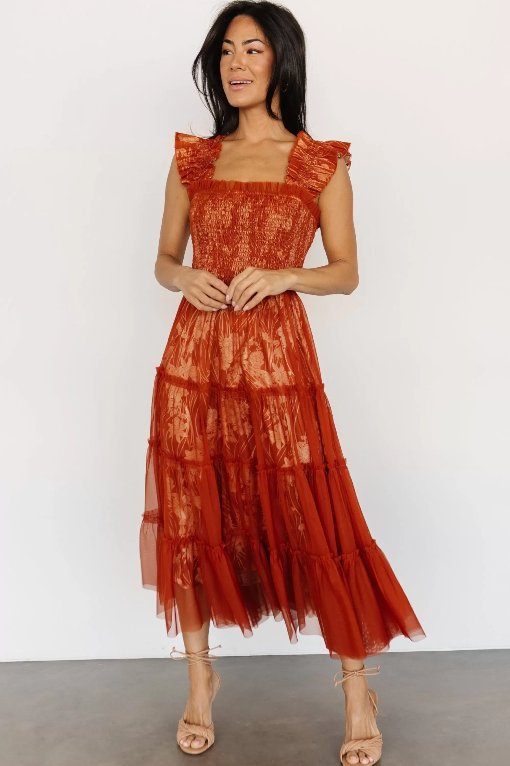 Baltic Born WEDDING SUITE | wedding guest | Cora Smocked Tulle Dress | Rust Floral