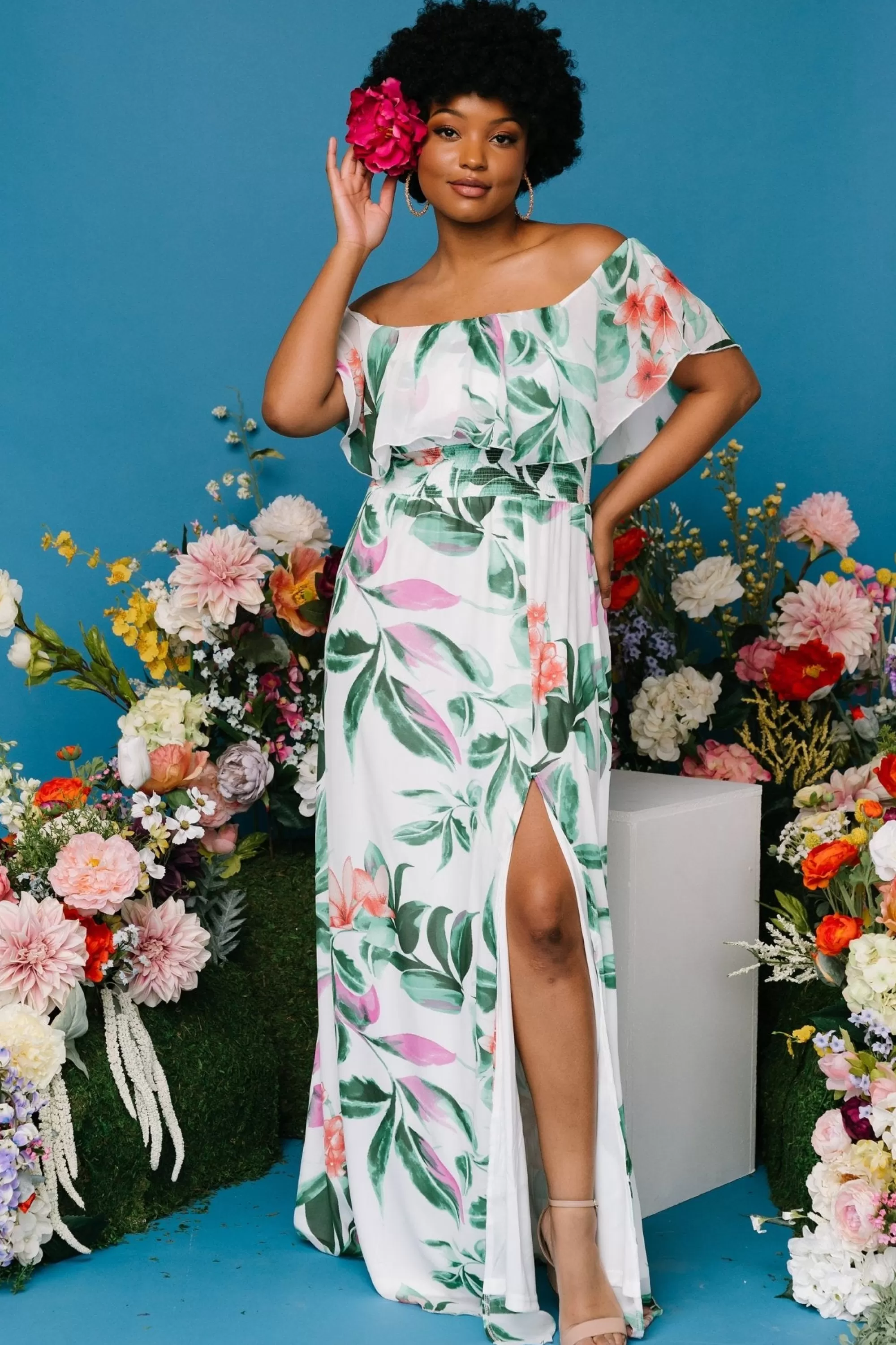 Baltic Born maxi dresses | Daphne Off Shoulder Maxi Dress | White + Green Multi Floral