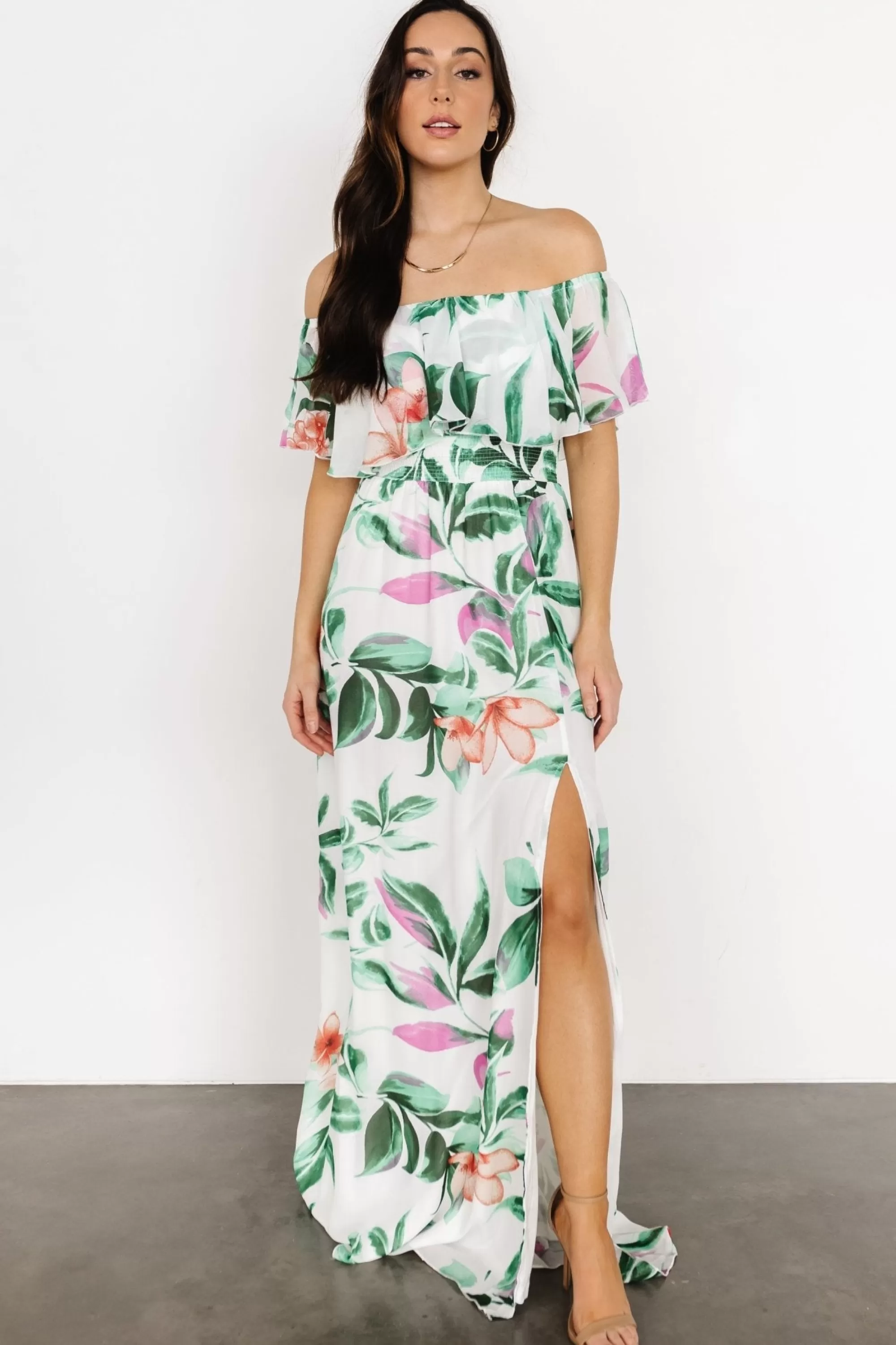 Baltic Born maxi dresses | Daphne Off Shoulder Maxi Dress | White + Green Multi Floral