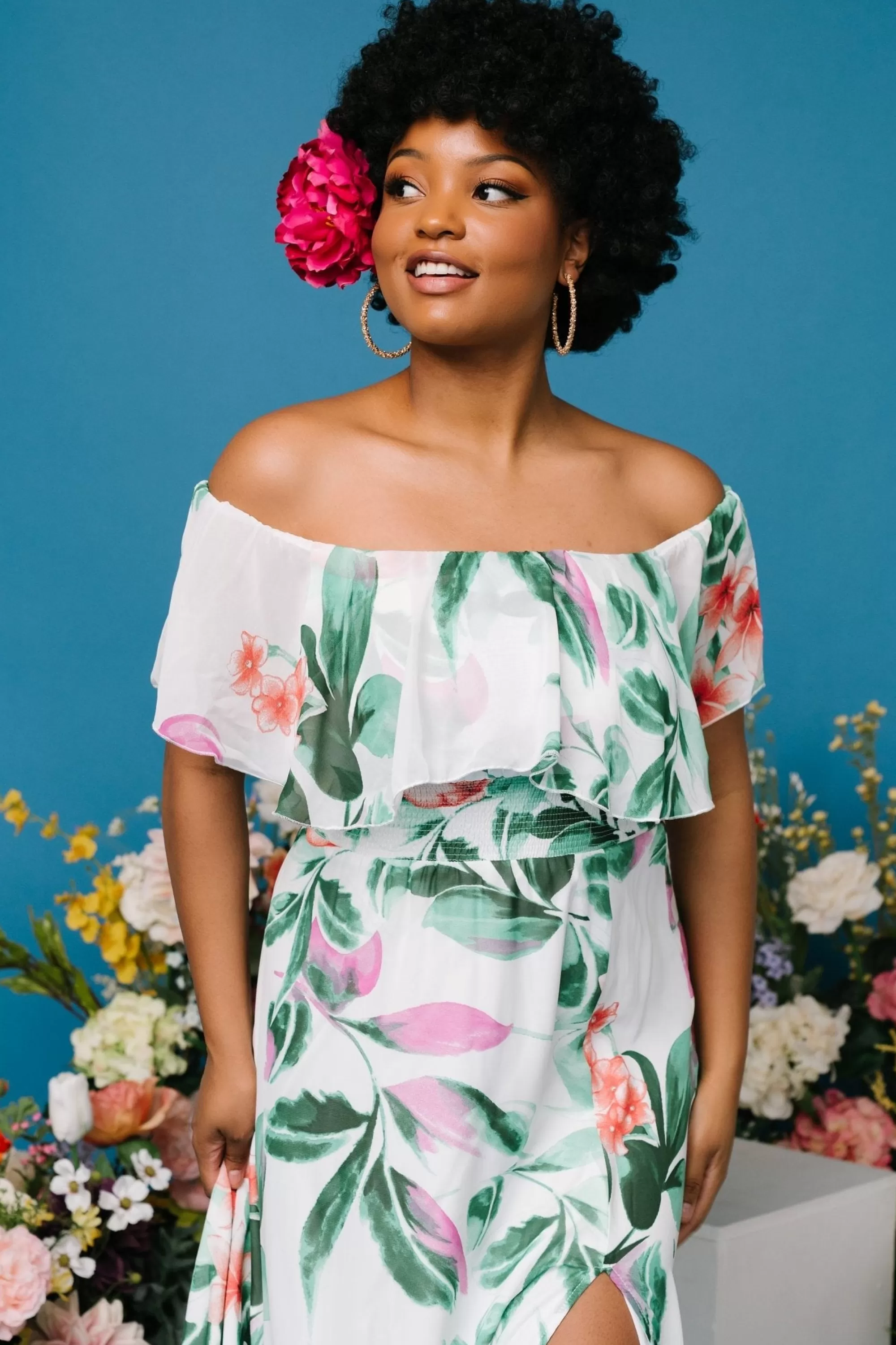 Baltic Born maxi dresses | Daphne Off Shoulder Maxi Dress | White + Green Multi Floral