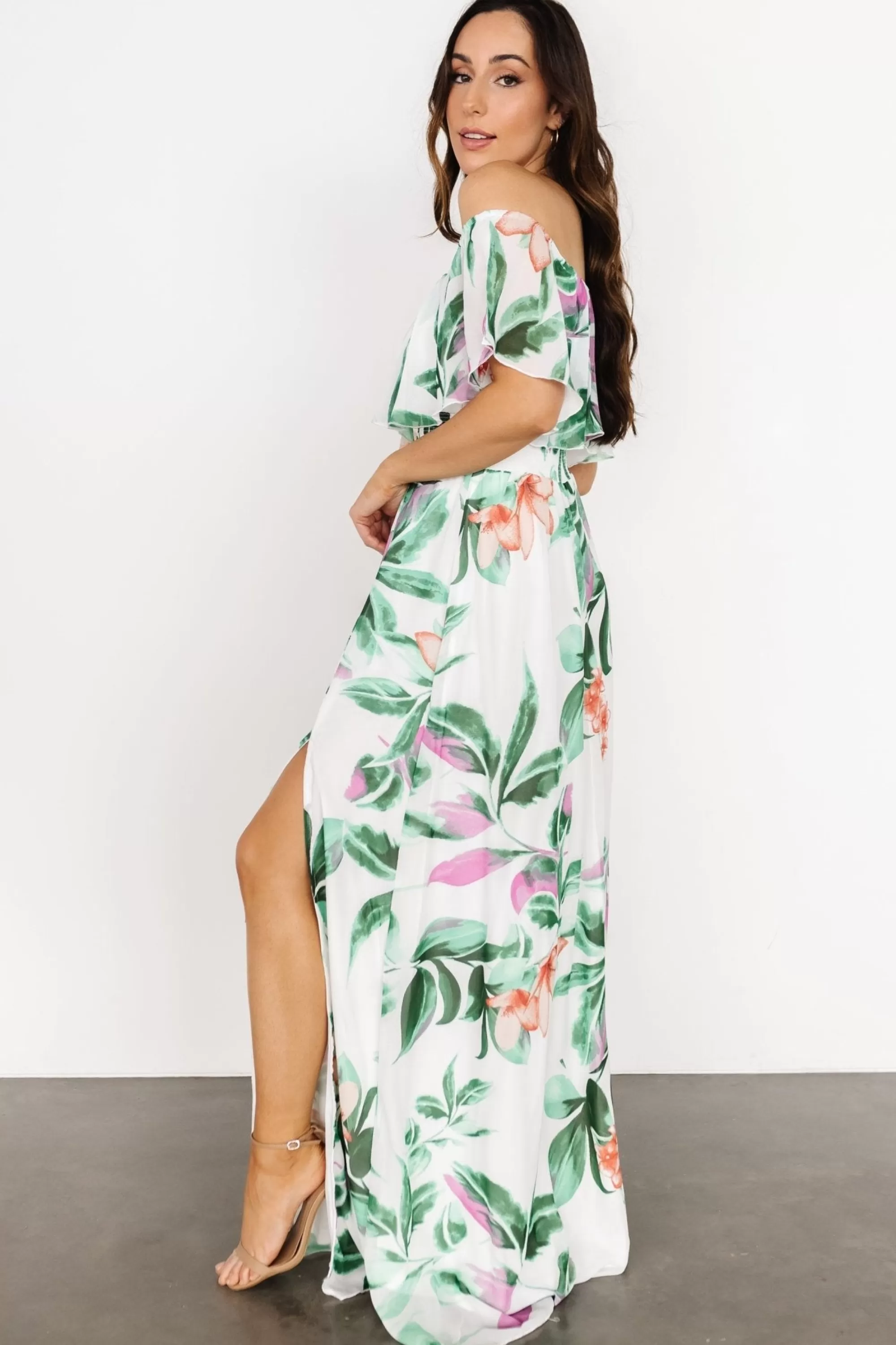Baltic Born maxi dresses | Daphne Off Shoulder Maxi Dress | White + Green Multi Floral