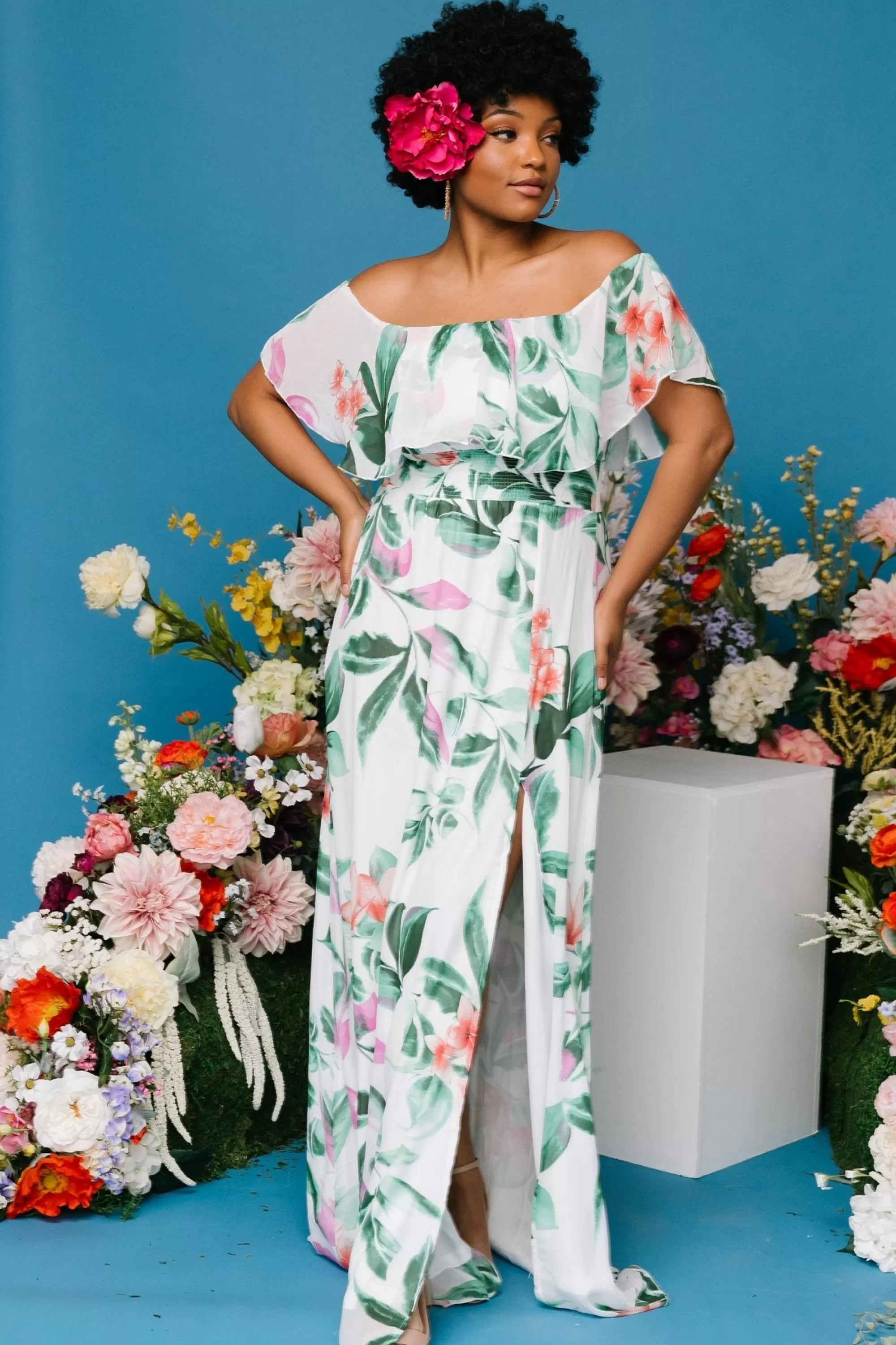 Baltic Born maxi dresses | Daphne Off Shoulder Maxi Dress | White + Green Multi Floral