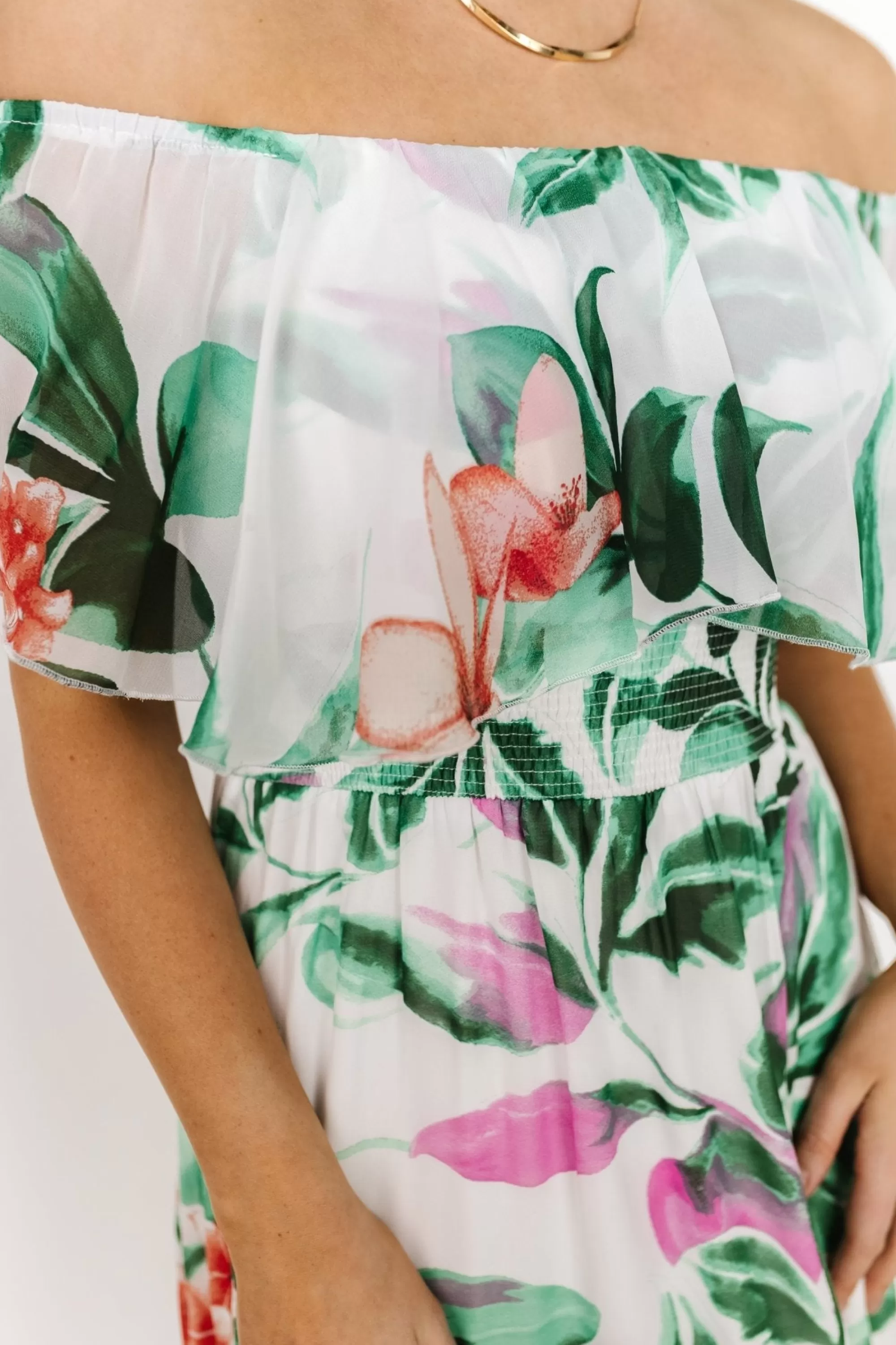 Baltic Born maxi dresses | Daphne Off Shoulder Maxi Dress | White + Green Multi Floral
