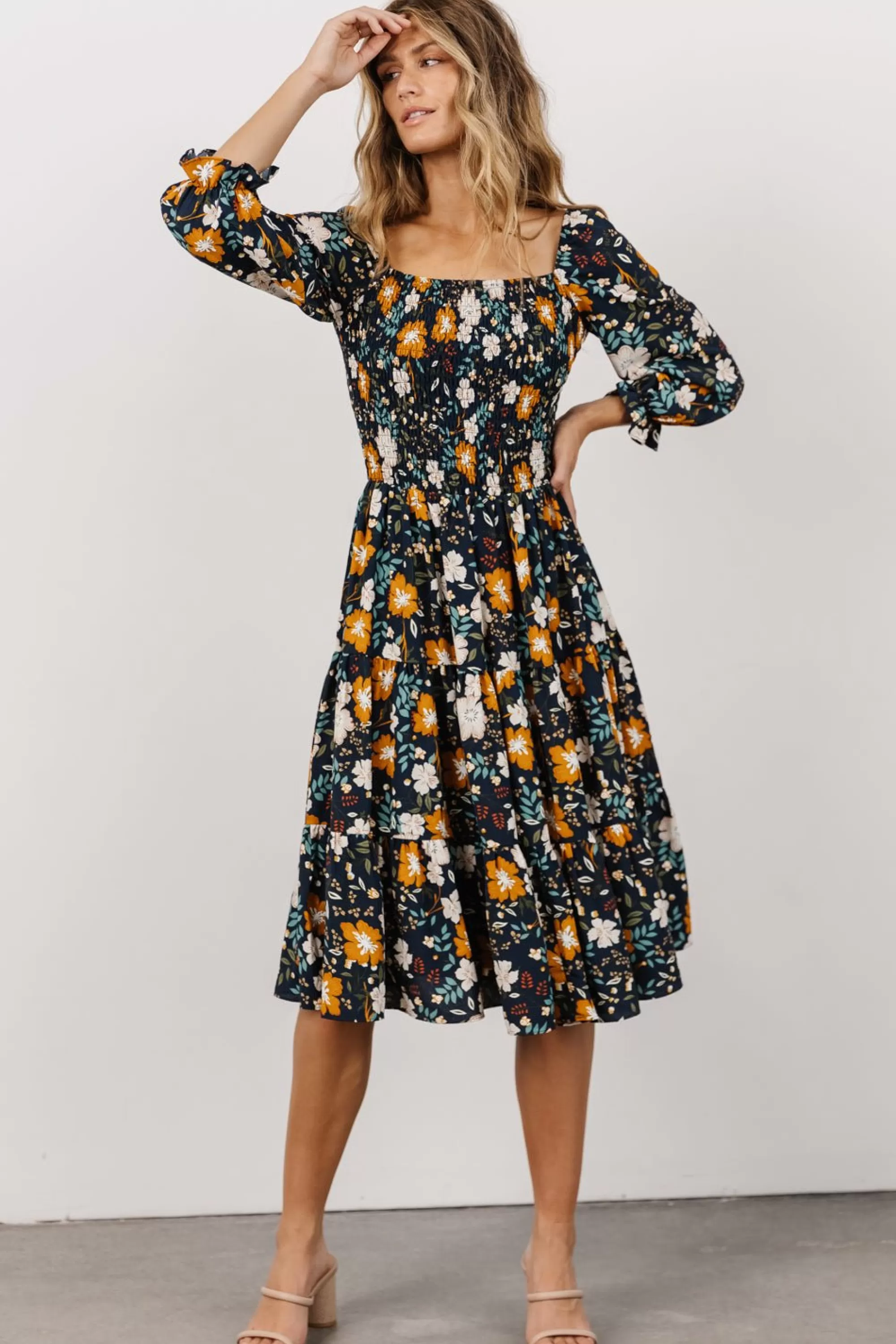 Baltic Born SALE | Marta Smocked Midi Dress | Dark Blue Vintage Floral