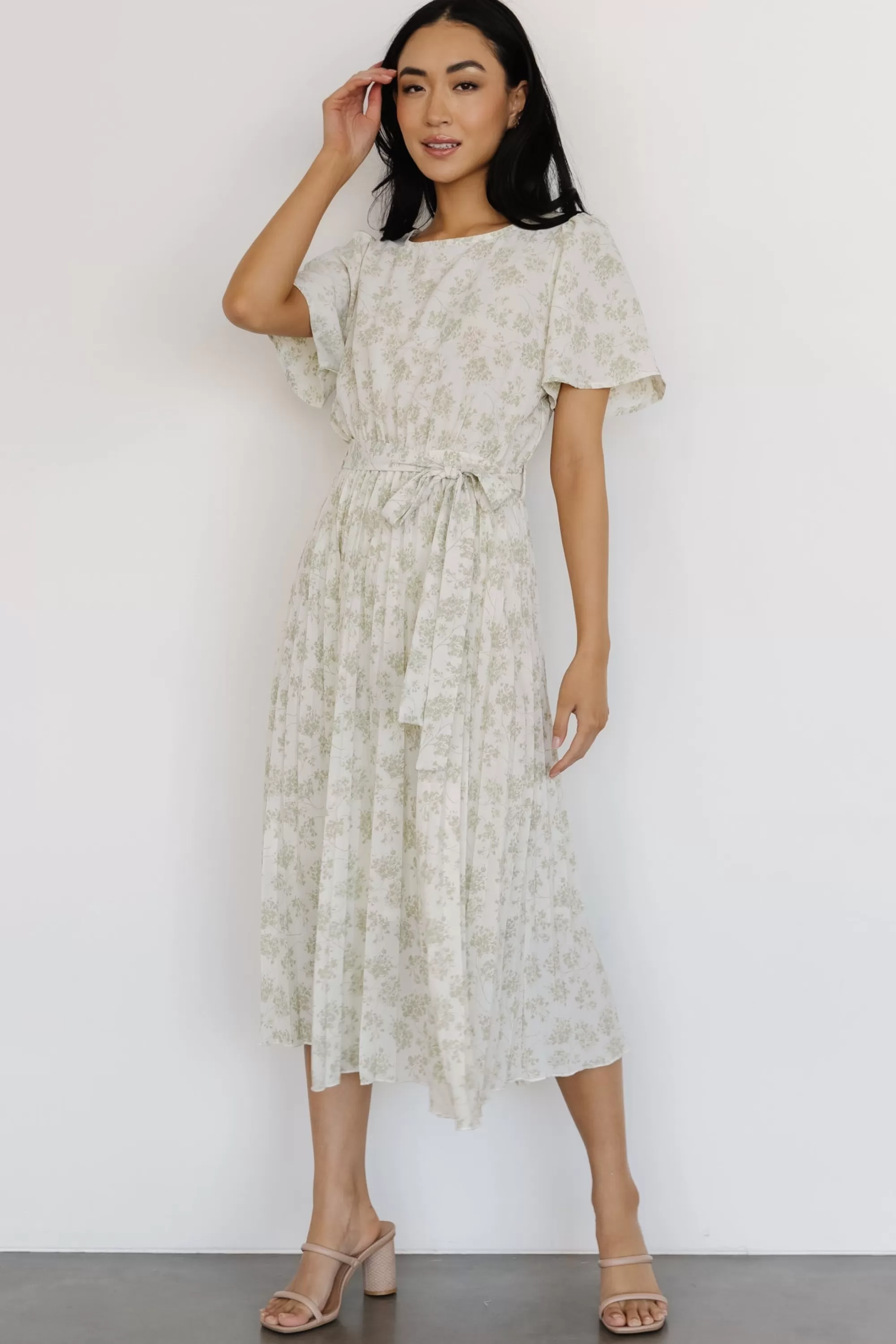 Baltic Born midi dresses | Prim Pleated Dress | Vintage Olive Print